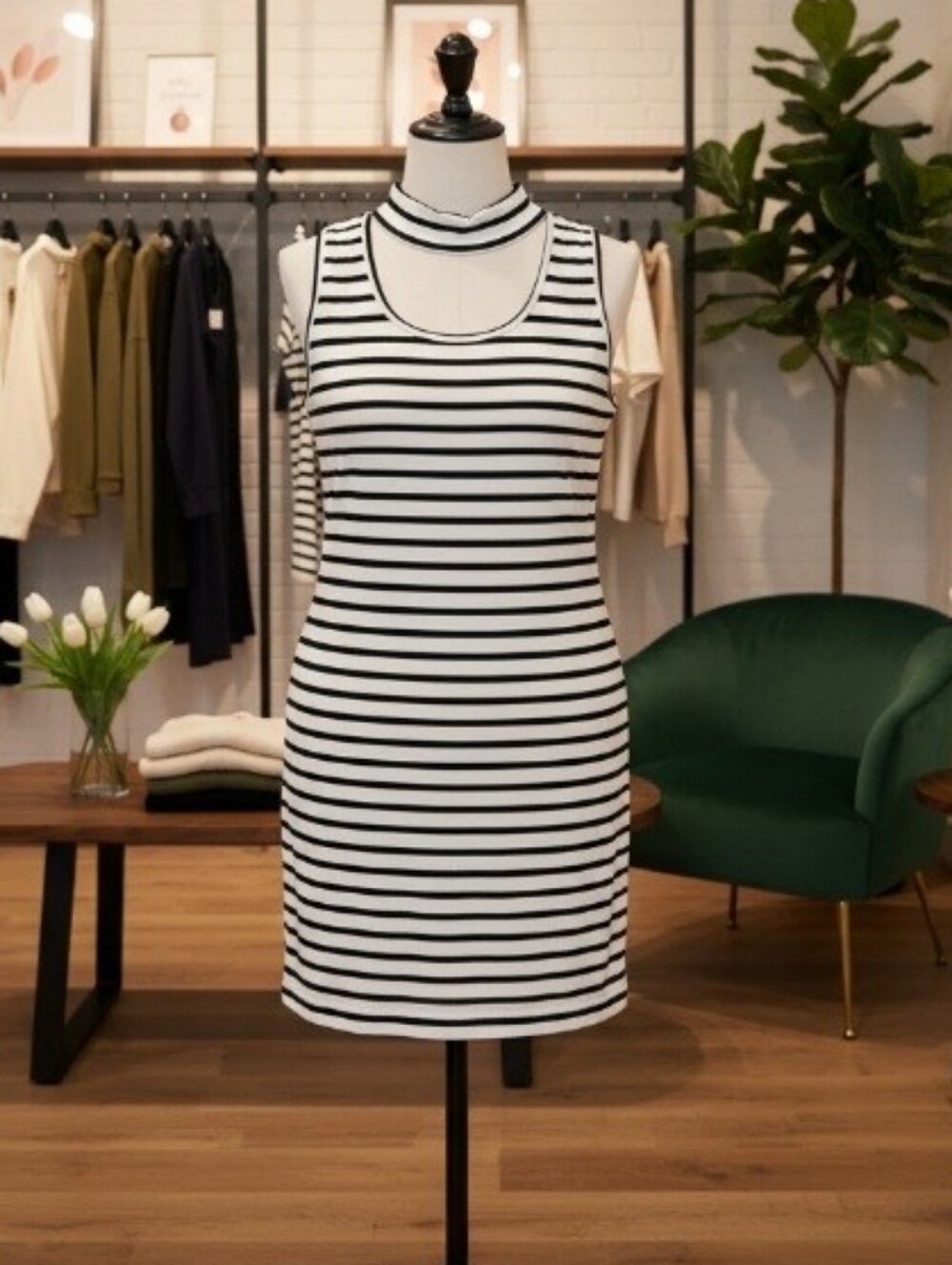 Black & White Striped Ribbed Sleeveless Mock Neck Dress
